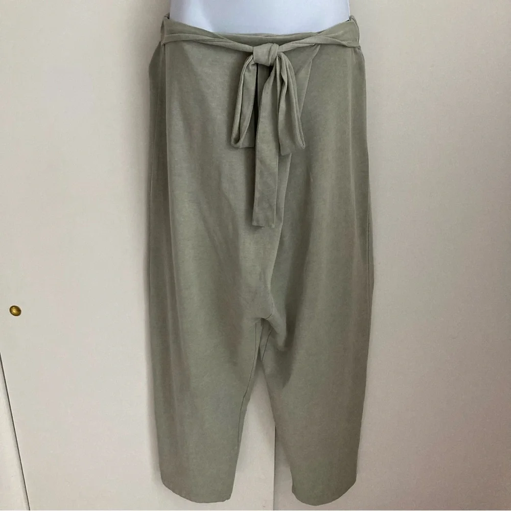 Zara Green Tie Waist Draped Drop Crotch 100% Cotton Harem Style Pants, NWT Sz M